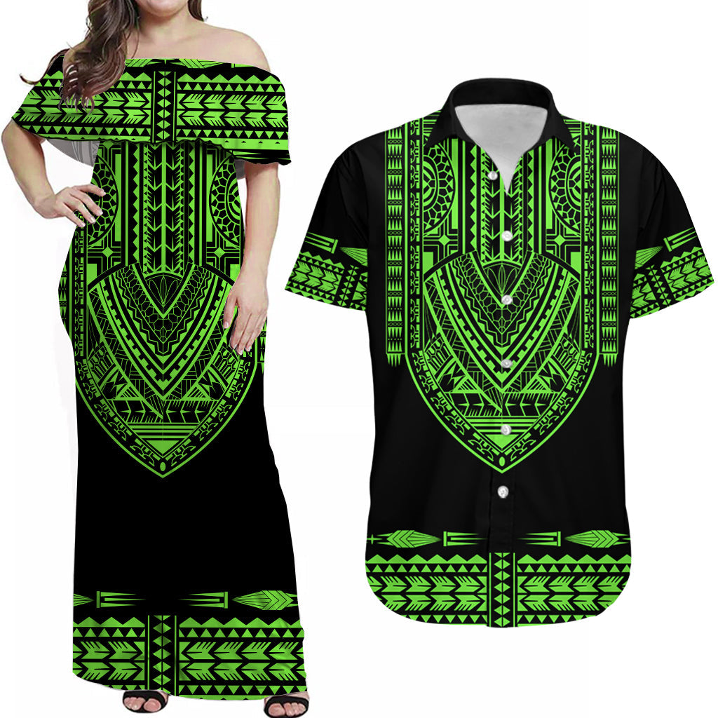 Green and black off-shoulder dashiki-style matching maxi dress, front print and border