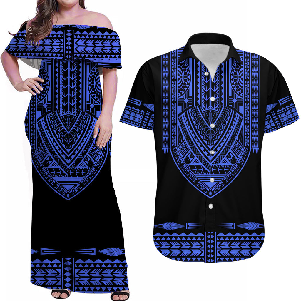 Off-shoulder maxi dress with blue Polynesian-style geometric print on black base