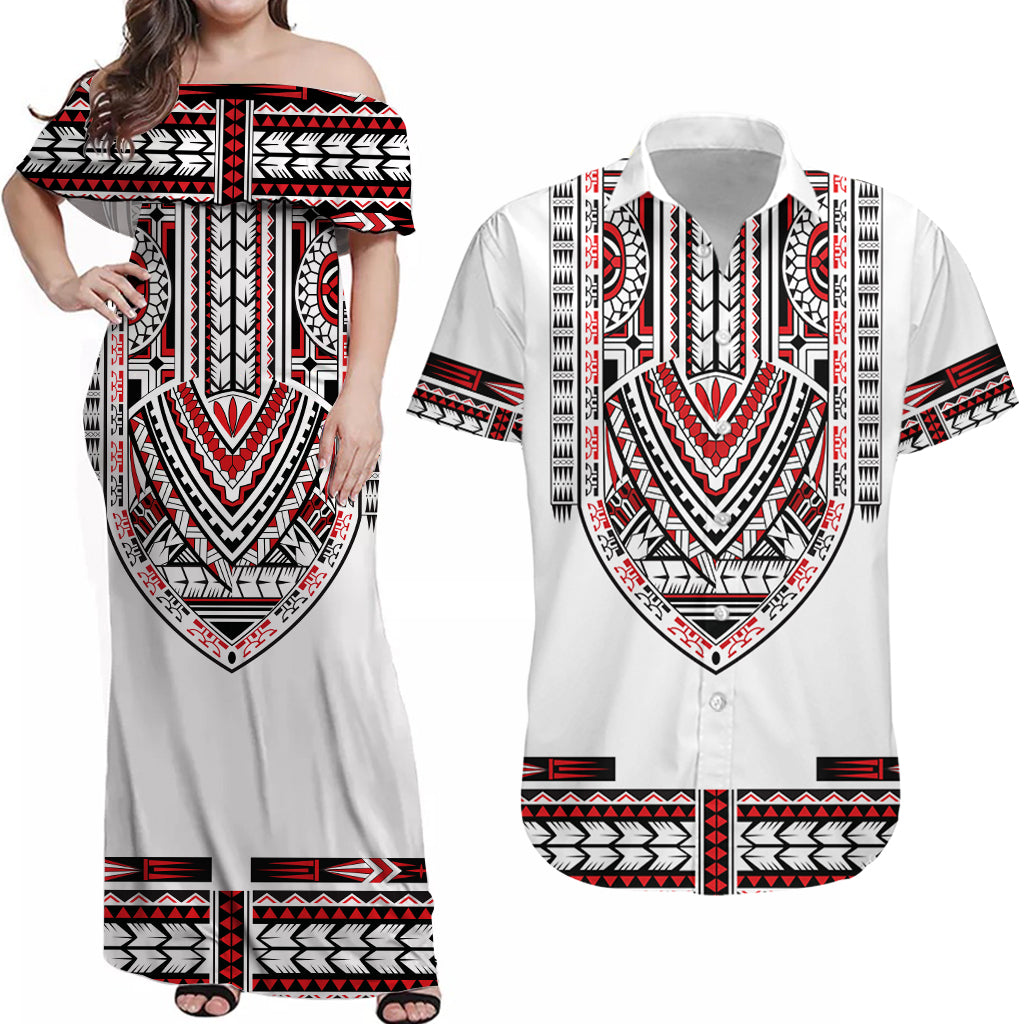White tribal dashiki print off-shoulder maxi dress and matching short-sleeve button shirt