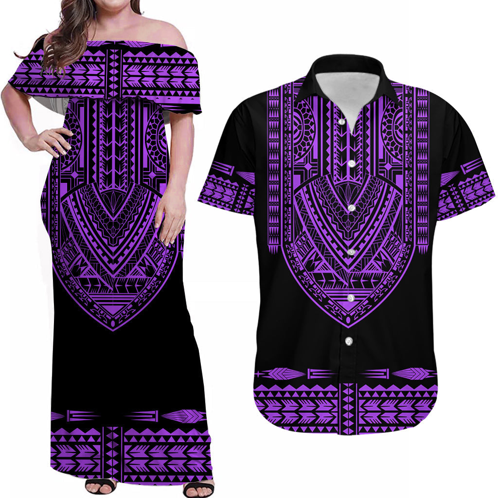 Black off-shoulder maxi dress and matching short-sleeve shirt, purple tribal print