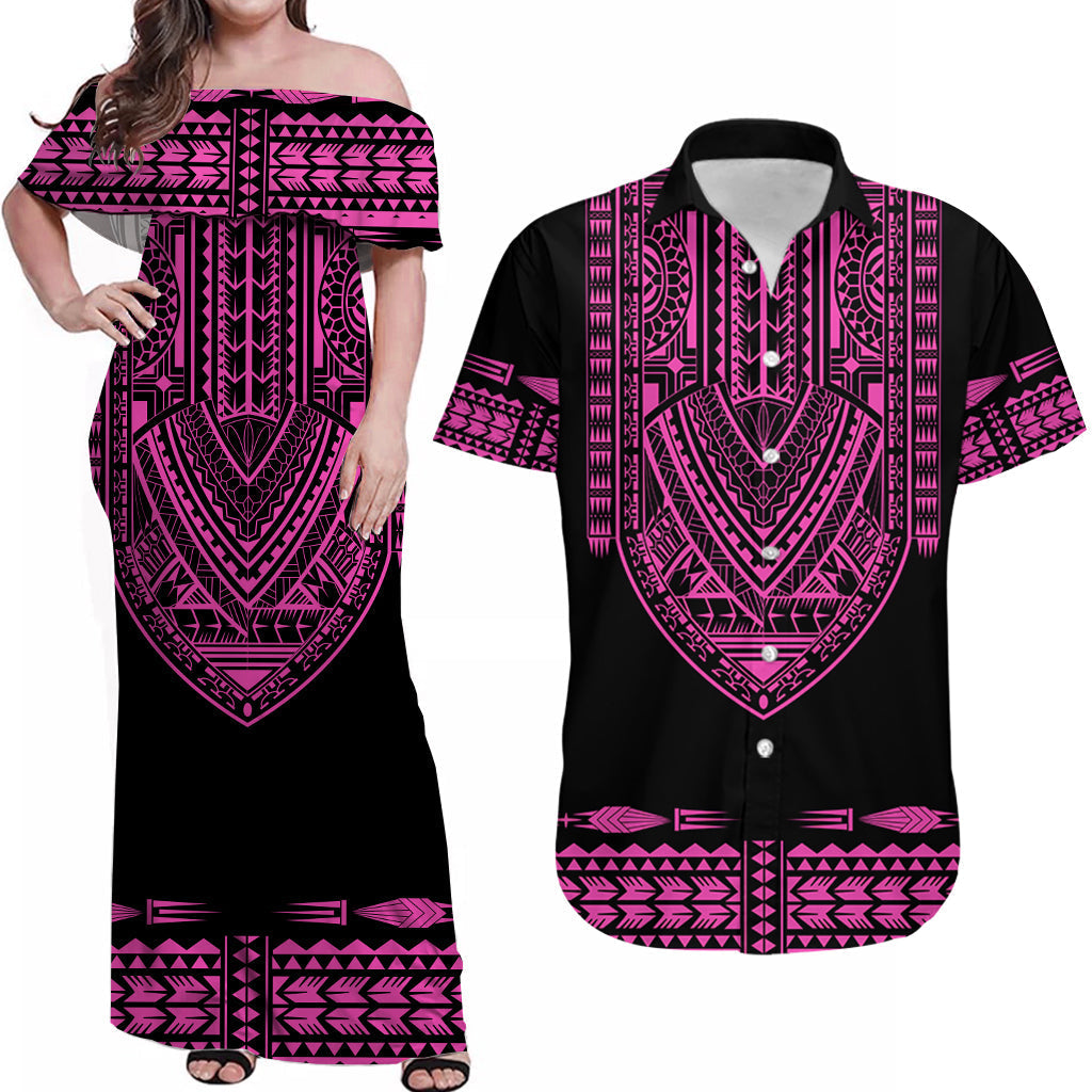 Off-shoulder maxi dress with pink-and-black Polynesian dashiki print and geometric border hem