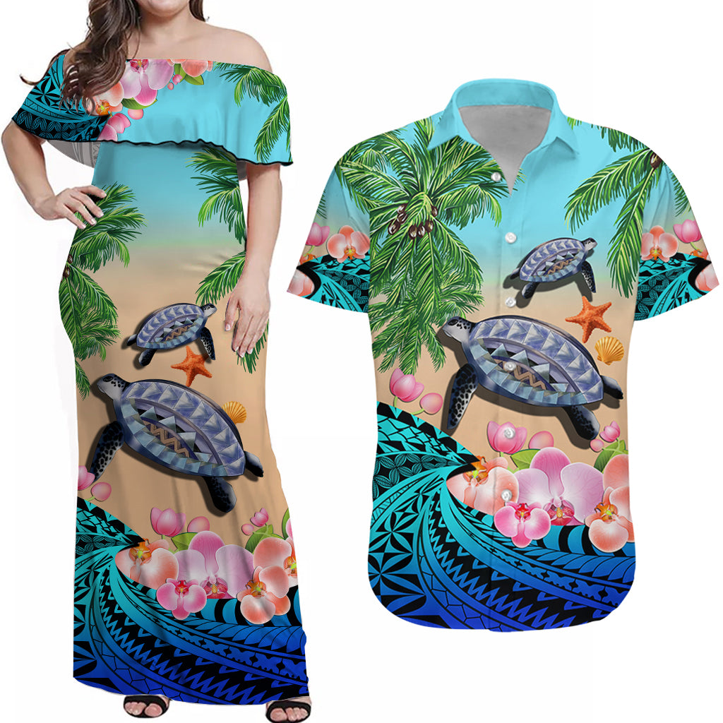 Off-shoulder blue dress with turtles, orchids, and tropical palm prints, maxi length
