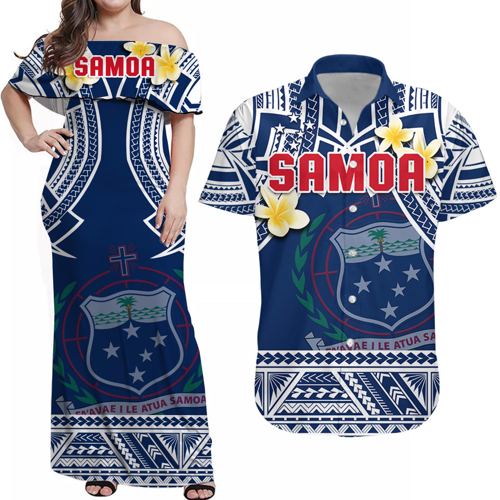 Blue Samoa off-shoulder maxi dress and short-sleeve Hawaiian shirt set, floral print