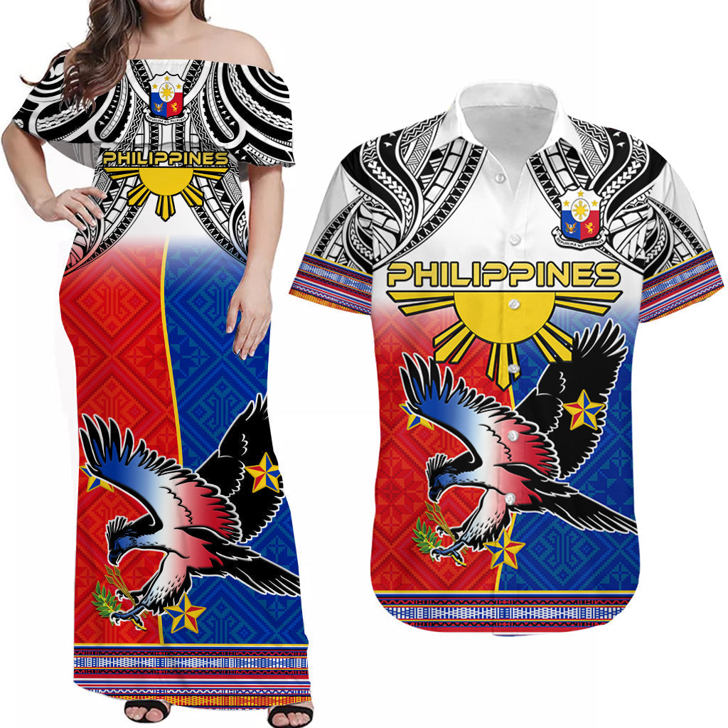 Philippines eagle matching maxi dress and polo shirt, black/white with red and blue