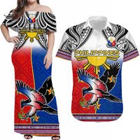 Off-shoulder maxi dress with Philippines eagle tribal pattern and “PHILIPPINES” text