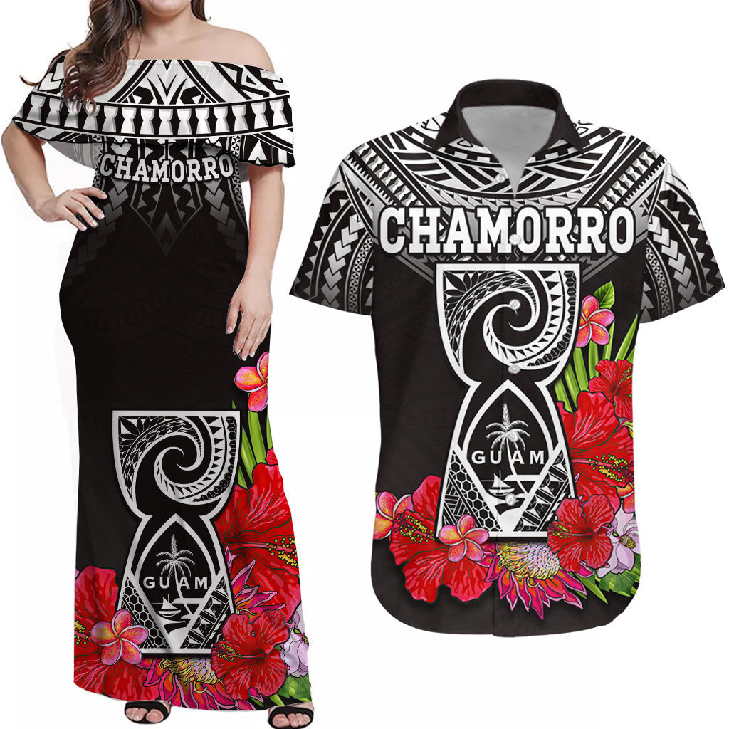 Black off-shoulder Chamorro Guam matching dress and Hawaiian shirt, floral print