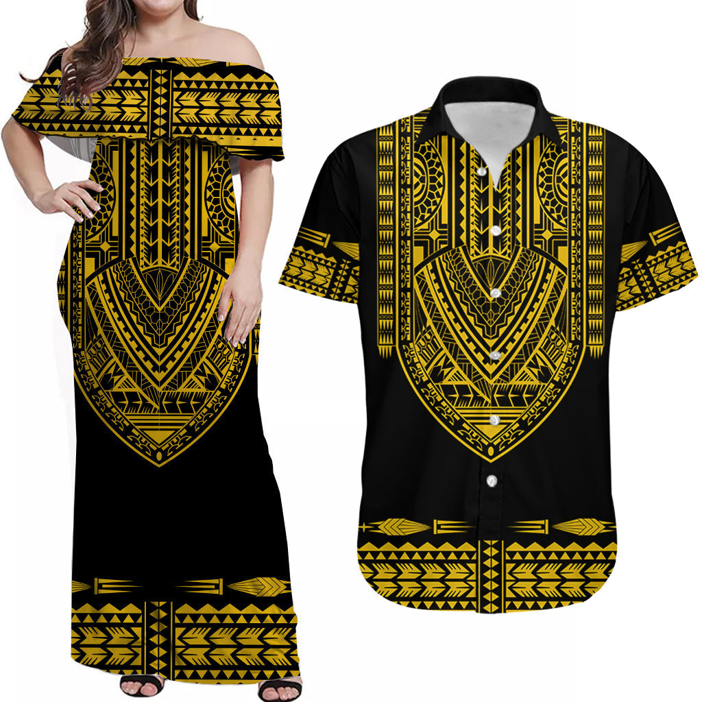 Off-shoulder black maxi dress with gold tribal patterns and central V design