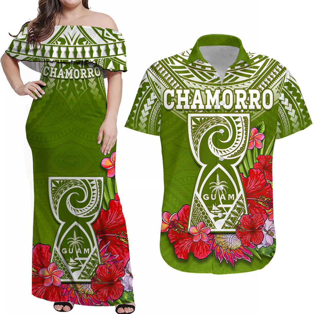 Green off-shoulder Chamorro print tropical long dress with hibiscus and plumeria flowers