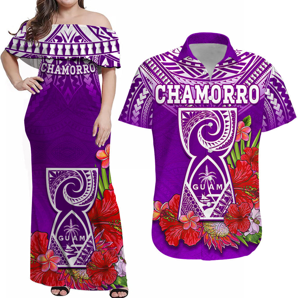 Purple Chamorro matching off-shoulder maxi dress and short-sleeve Hawaiian shirt set