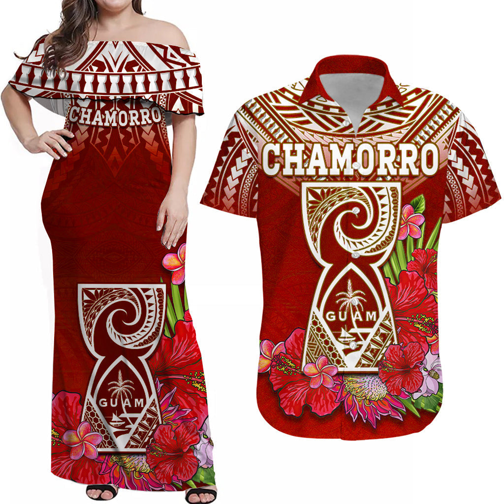Red off-shoulder Hawaiian dress with CHAMORRO text and floral print