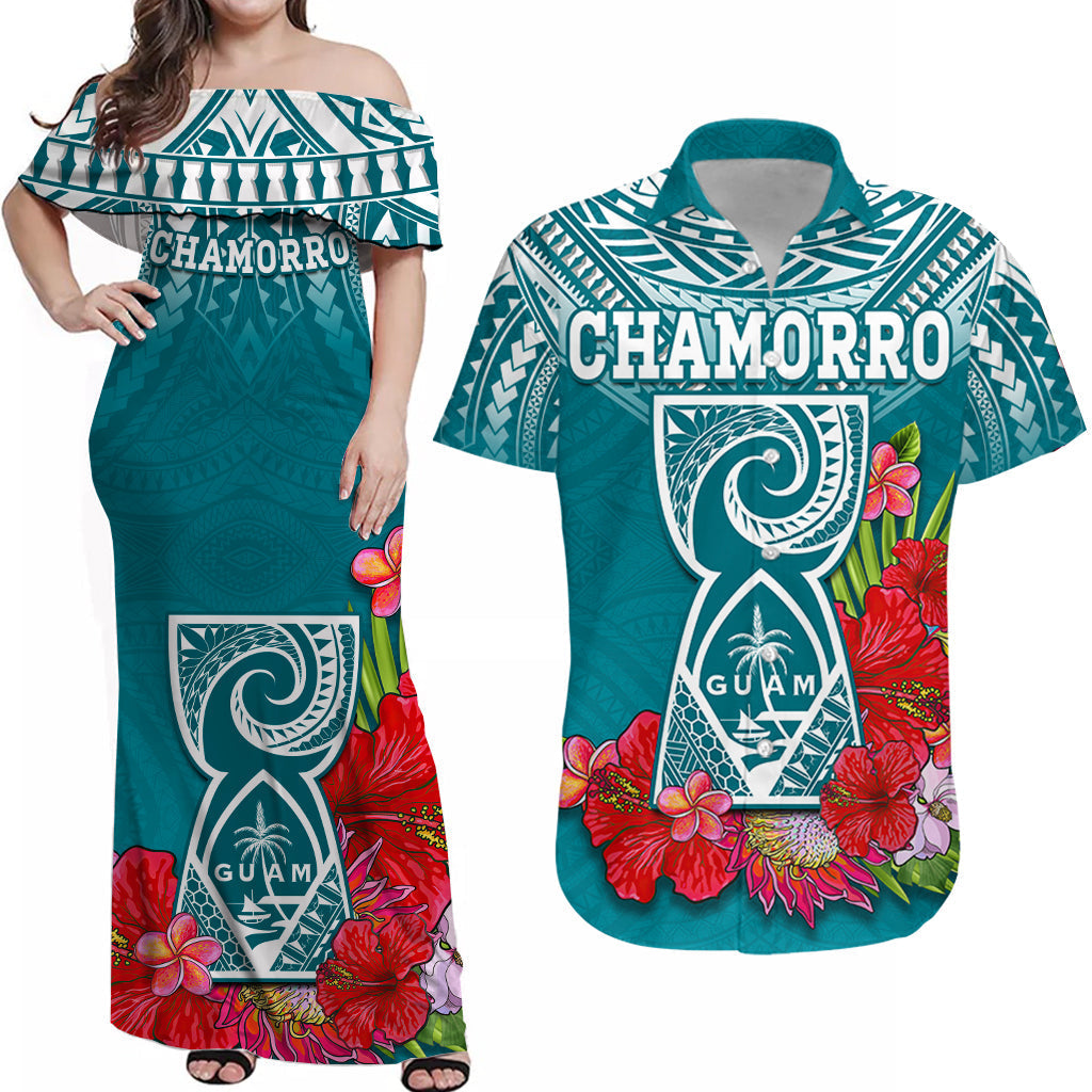 Turquoise off-shoulder Chamorro maxi dress with tropical flower print and Guåm graphic