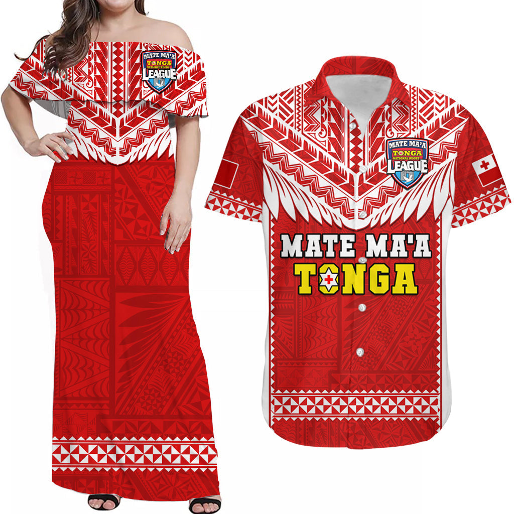 Red patterned matching rugby shirt and long dress set with bold tribal chevron design