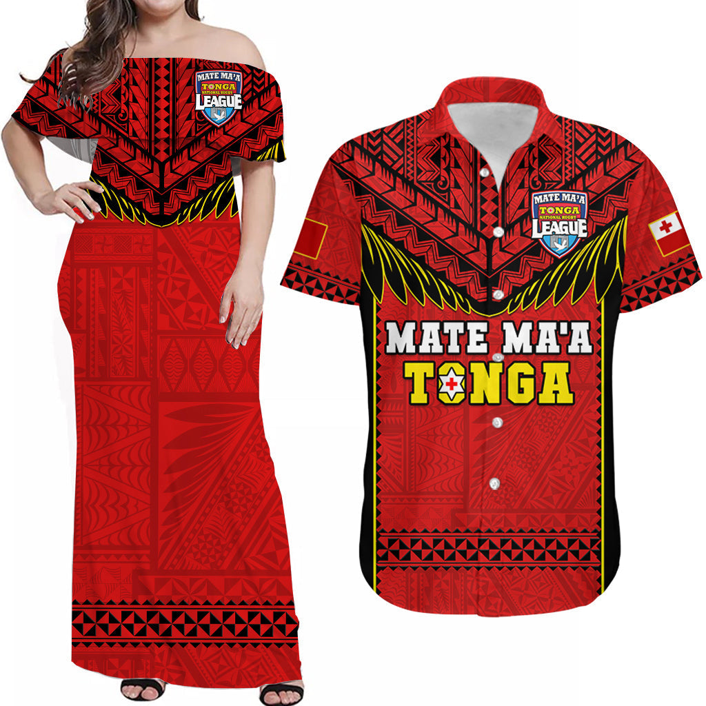 Red off-shoulder maxi dress with tribal pattern and Tonga League graphic