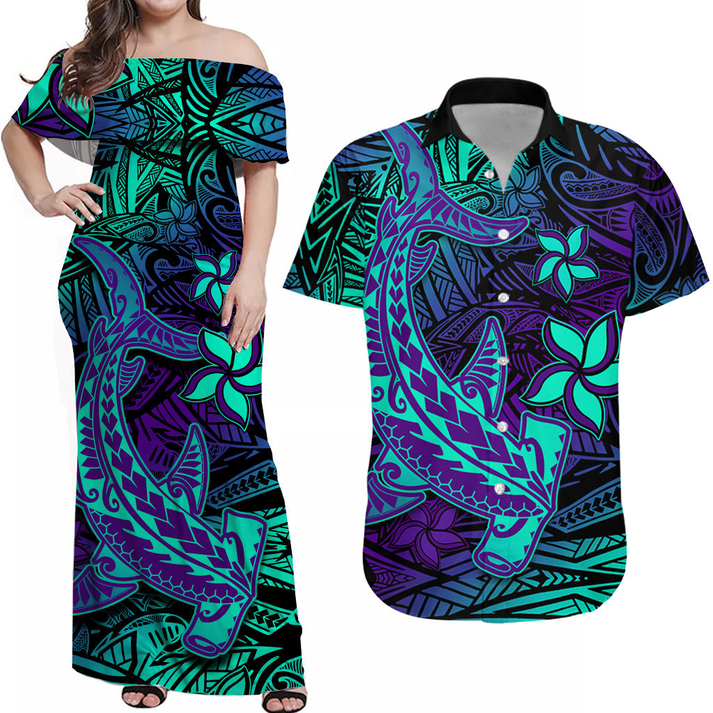 Personalised off-shoulder Hawaiian maxi dress, purple and teal tribal print with flowers