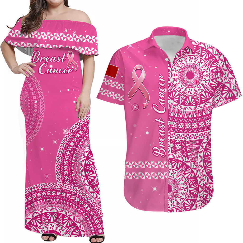 Pink off-shoulder maxi dress with Tonga ngatu print and Breast Cancer ribbon