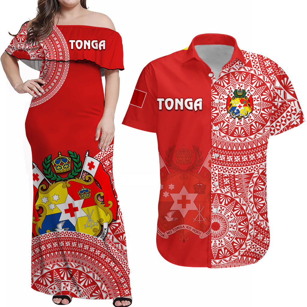 Red Tonga off-shoulder maxi dress with crest and tribal pattern panel