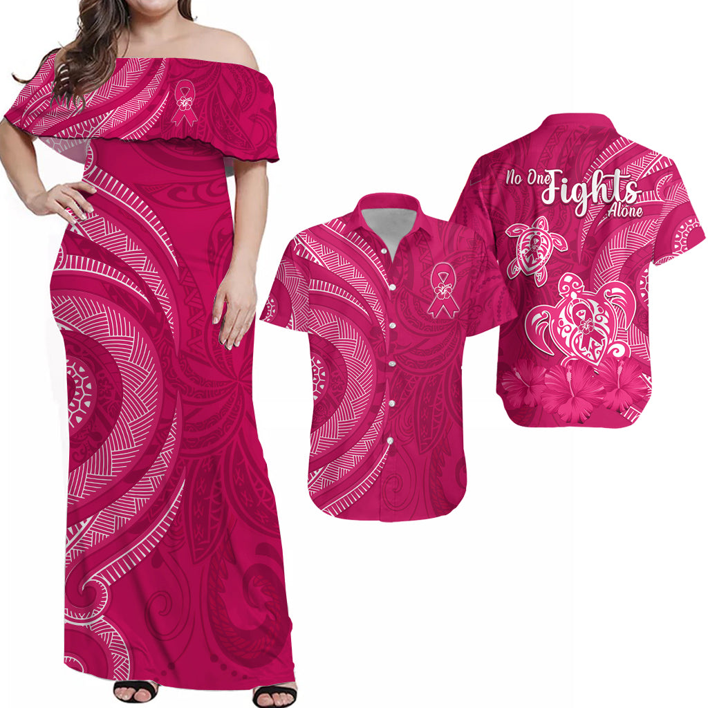 Pink off-shoulder Hawaiian dress and matching shirt with breast cancer graphics