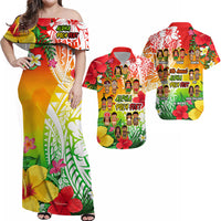 Matching tropical floral Hawaiian dress with red, green and yellow Polynesian pattern