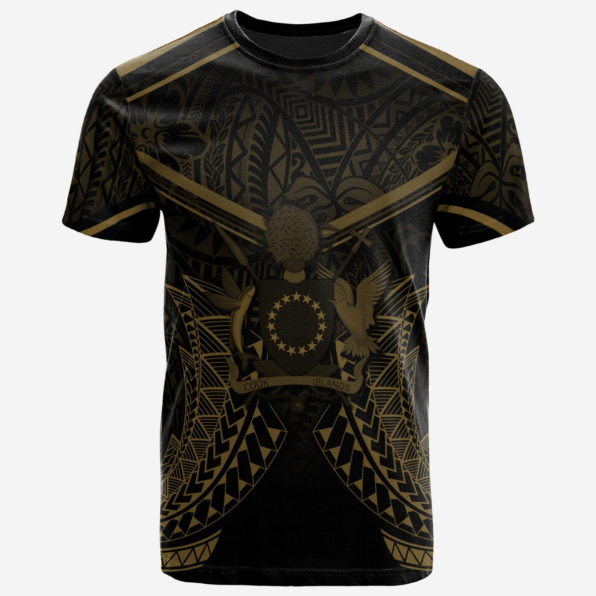 Cook Islands graphic T-shirt, black with gold pattern seal front view