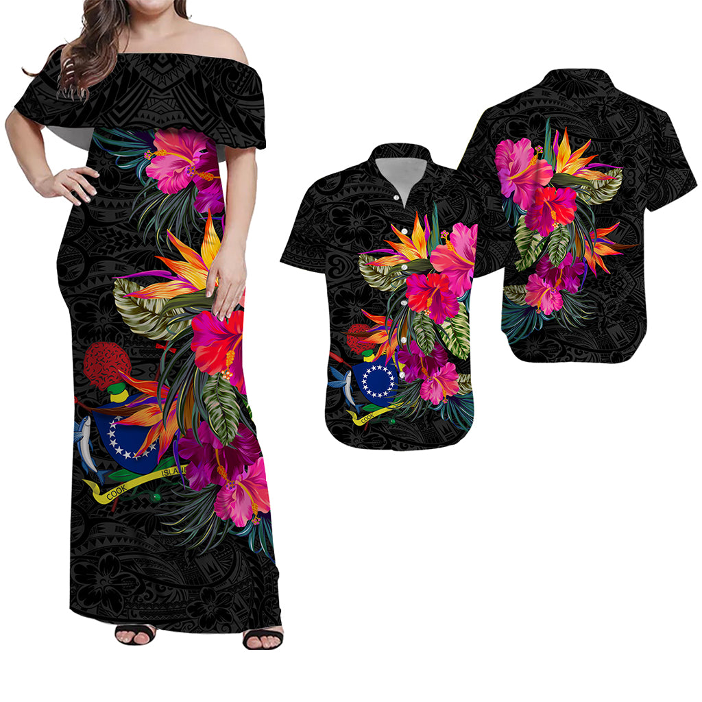 Black off-shoulder maxi dress + short-sleeve shirt with hibiscus floral tropical print
