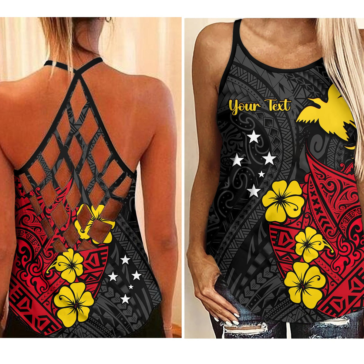 Black criss-cross tank top with birds-of-paradise and 'Your Text' print