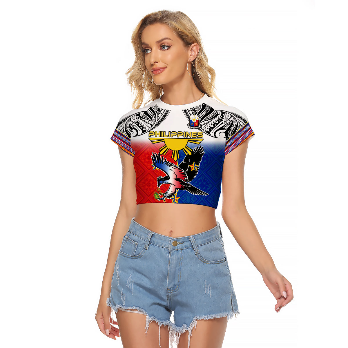 Philippines Raglan Cropped T Shirt Polynesian Filipino Pattern With Eagle - Wonder Print Shop