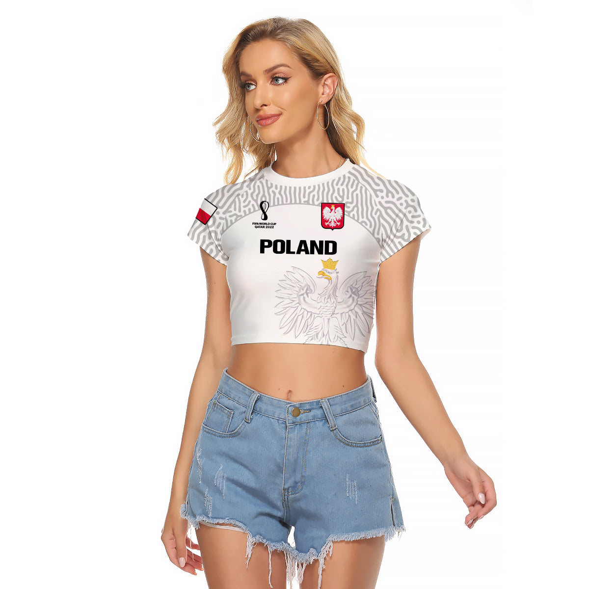 (Custom Text And Number) Poland Football Raglan Cropped T Shirt Polska World Cup 2022 White - Wonder Print Shop