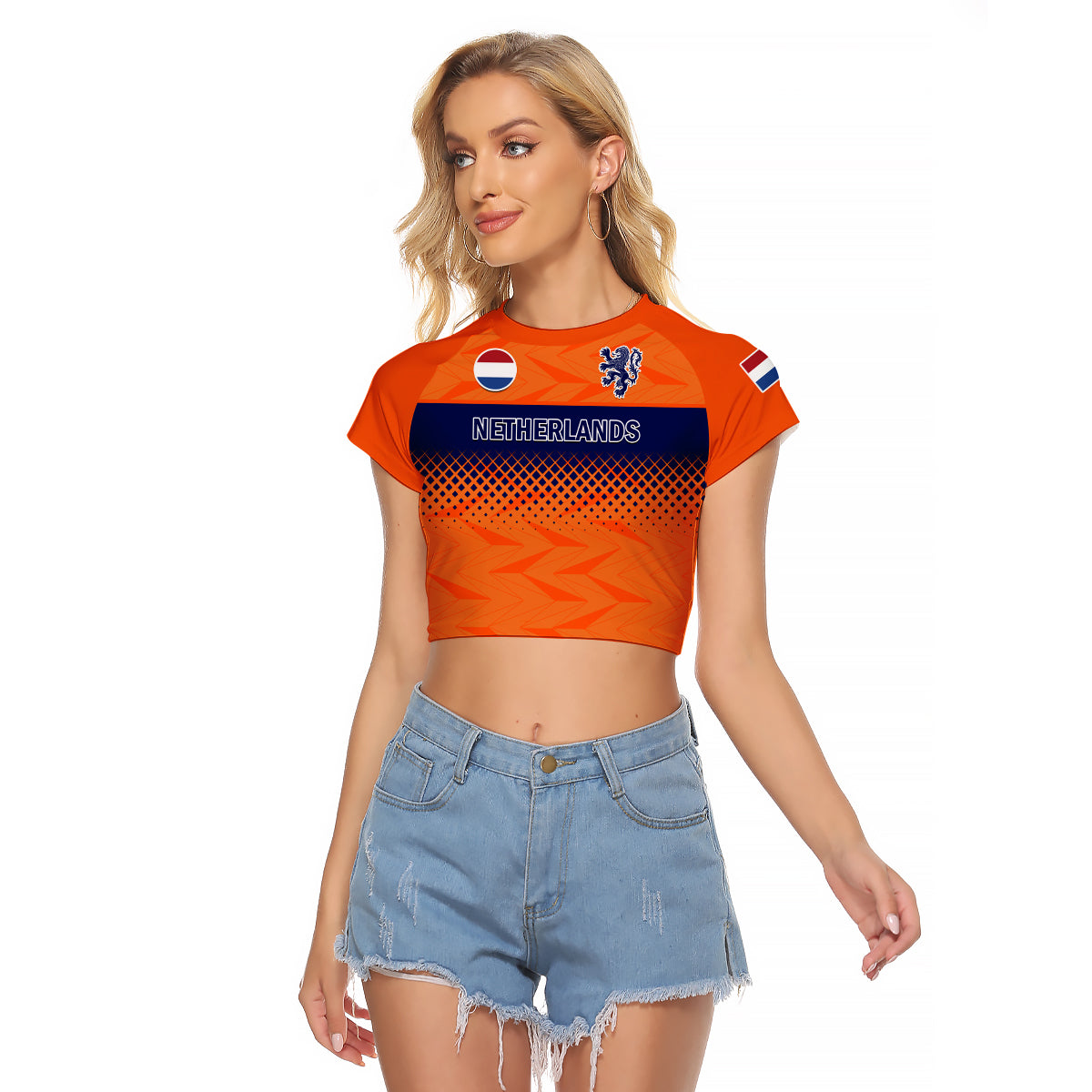 Orange cropped raglan T-shirt with Netherlands graphic and blue front logo