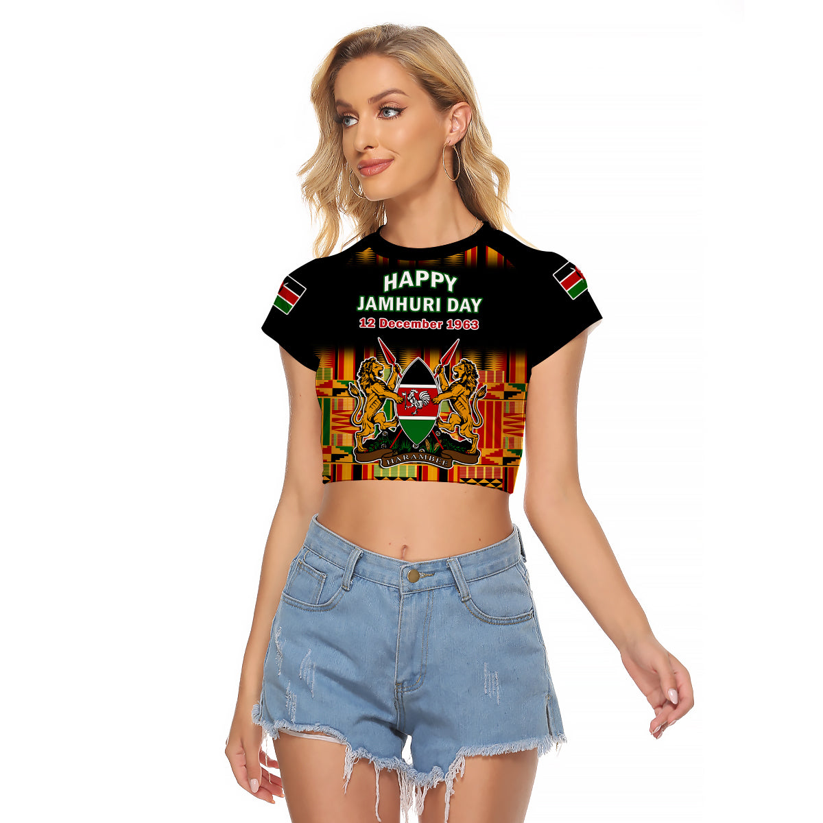 Kenya Raglan Cropped T Shirt Happy Jamhuri Day Kenyan Pattern - Wonder Print Shop