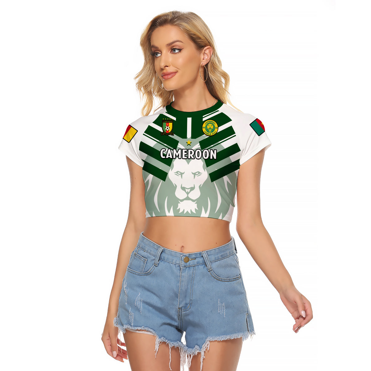 Cameroon Football Raglan Cropped T Shirt Les Lions Indomptables White World Cup 2022 - Wonder Print Shop