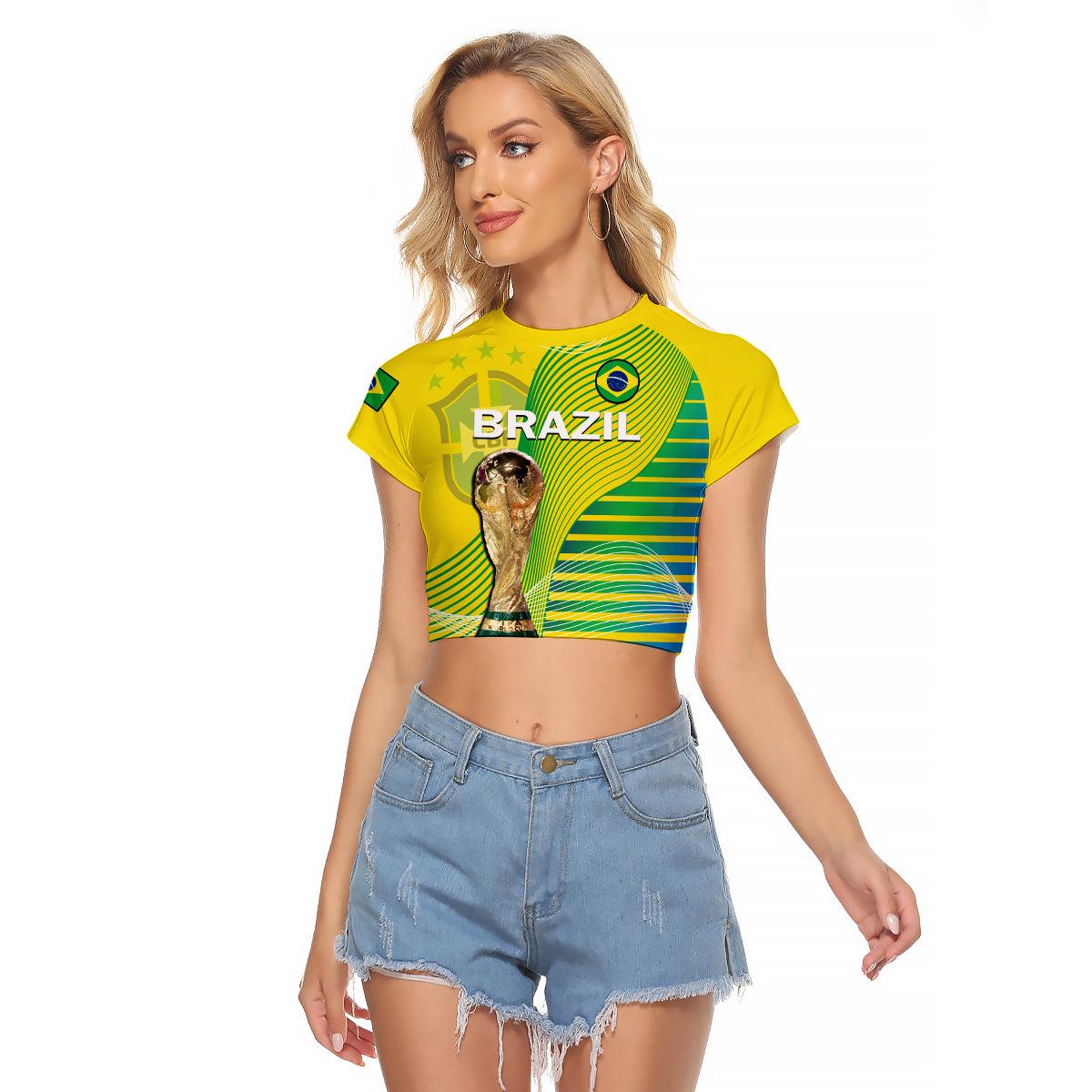 Yellow cropped raglan football T-shirt with Brazil graphic and green sleeve stripes