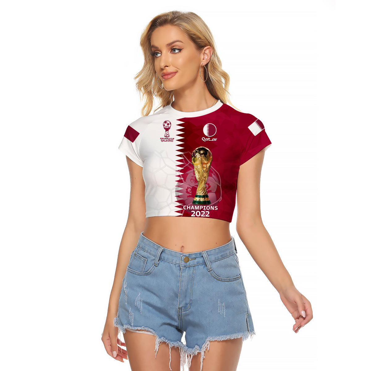 (Custom Text And Number) Qatar Football Raglan Cropped T Shirt Annabi Champions Proud WC 2022 - Wonder Print Shop