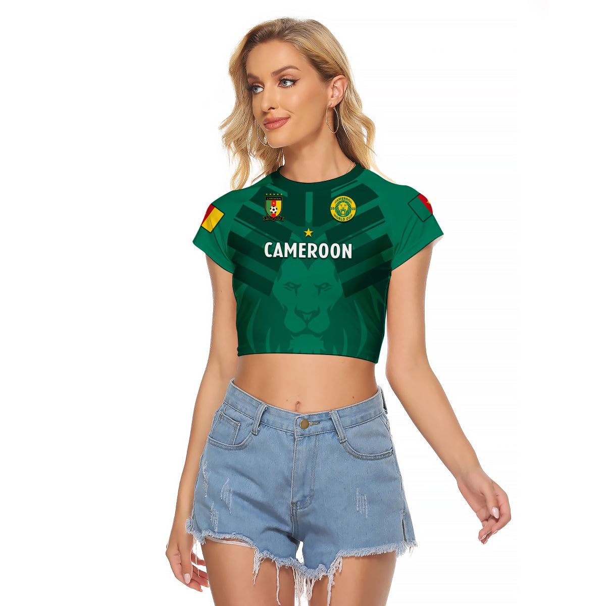 (Custom Text And Number) Cameroon Football Raglan Cropped T Shirt Les Lions Indomptables Green World Cup 2022 - Wonder Print Shop