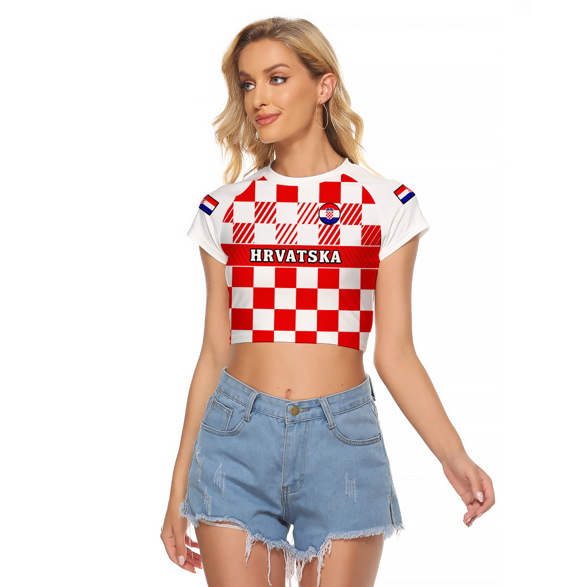 Cropped red-and-white checkerboard raglan T-shirt with HRVATSKA text