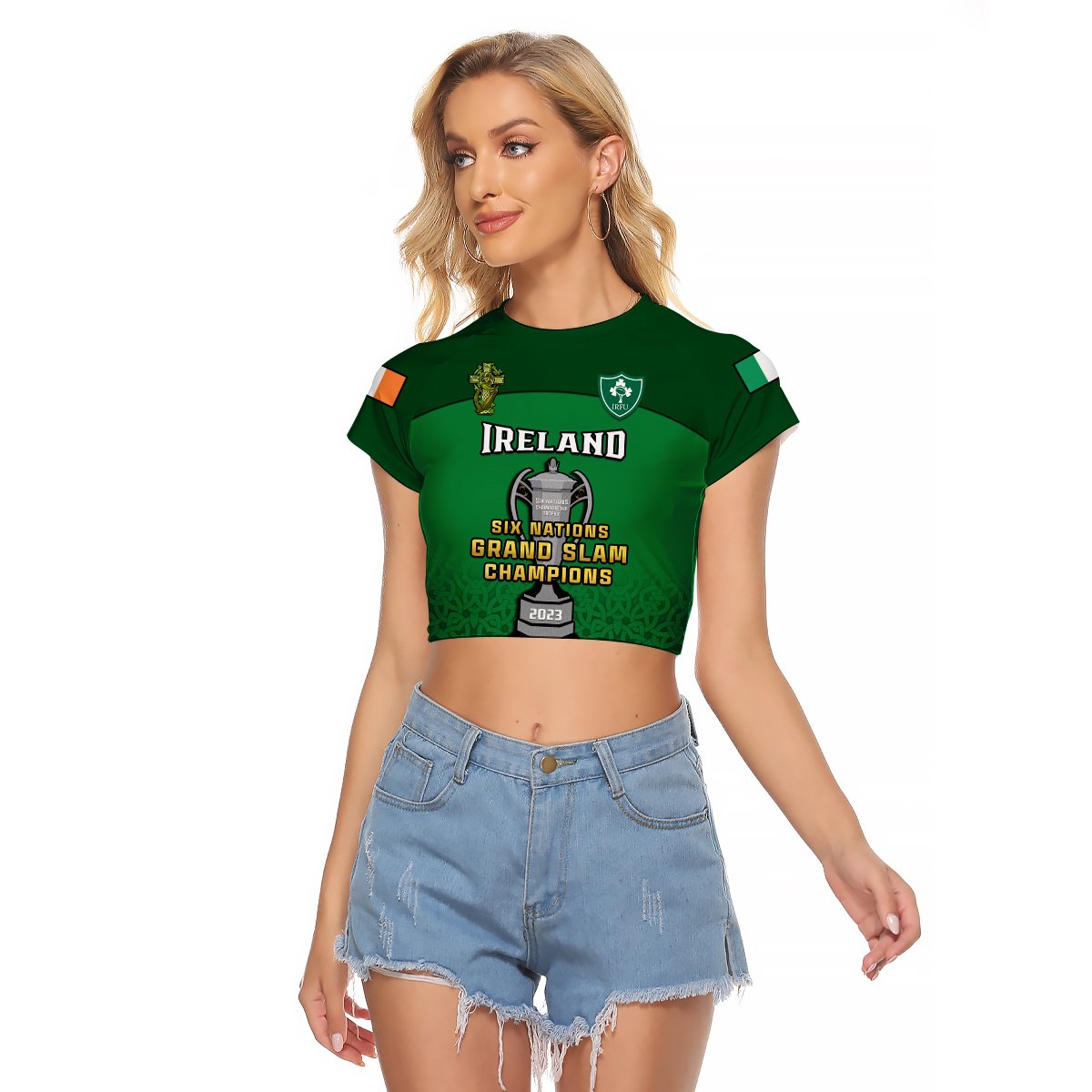 Women’s green cropped T-shirt with Ireland front graphic and Six Nations Grand Slam text