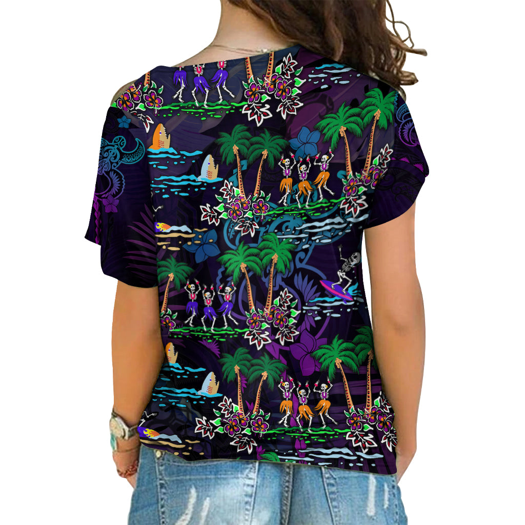 Purple cross-shoulder Halloween shirt, back graphic with dancing skeletons and palm trees