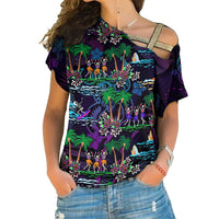 Purple cross-shoulder top with skeleton dancing island scene print