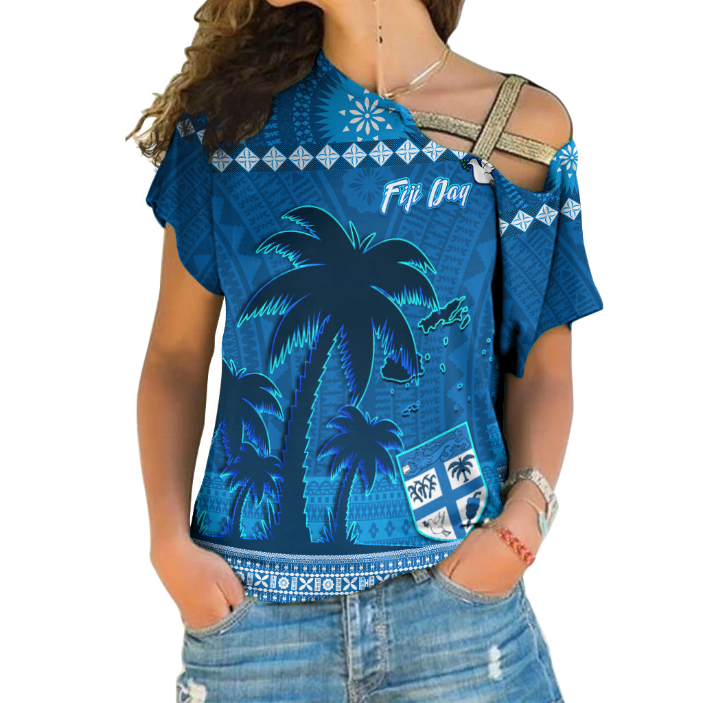 Blue off-shoulder cross-strap shirt, Fijian tapa palm print and 'Fiji Day' text