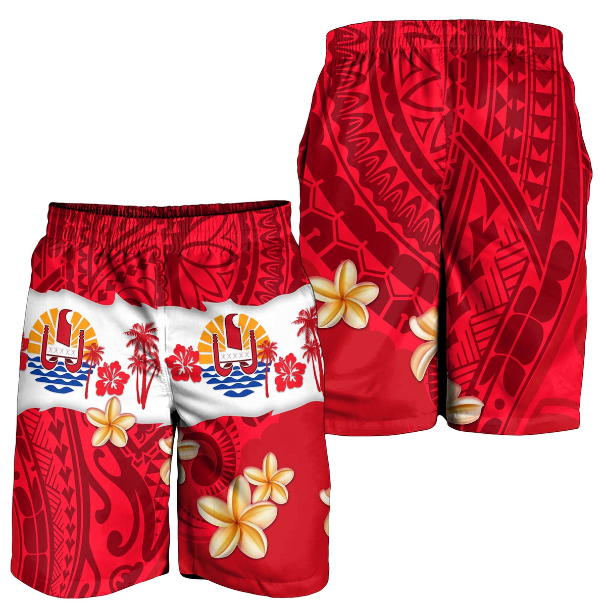 Red and white tropical print men's swim shorts, elastic waistband