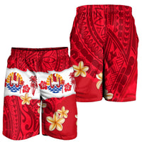 Red and white tropical print men's swim shorts, elastic waistband