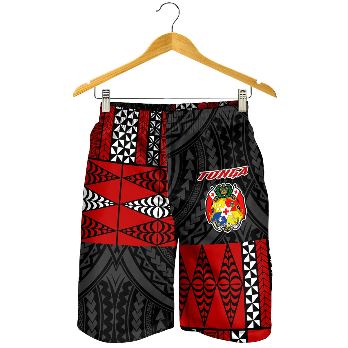 Black swim shorts on hanger with red and white Polynesian geometric print; elastic waistband