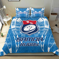 Blue Samoa rugby duvet and two pillows featuring crest shield and 'YOUR TEXT' lettering