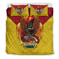 Yellow Kumul Pride bedding set featuring central eagle artwork and matching “Your Text” pillowcases