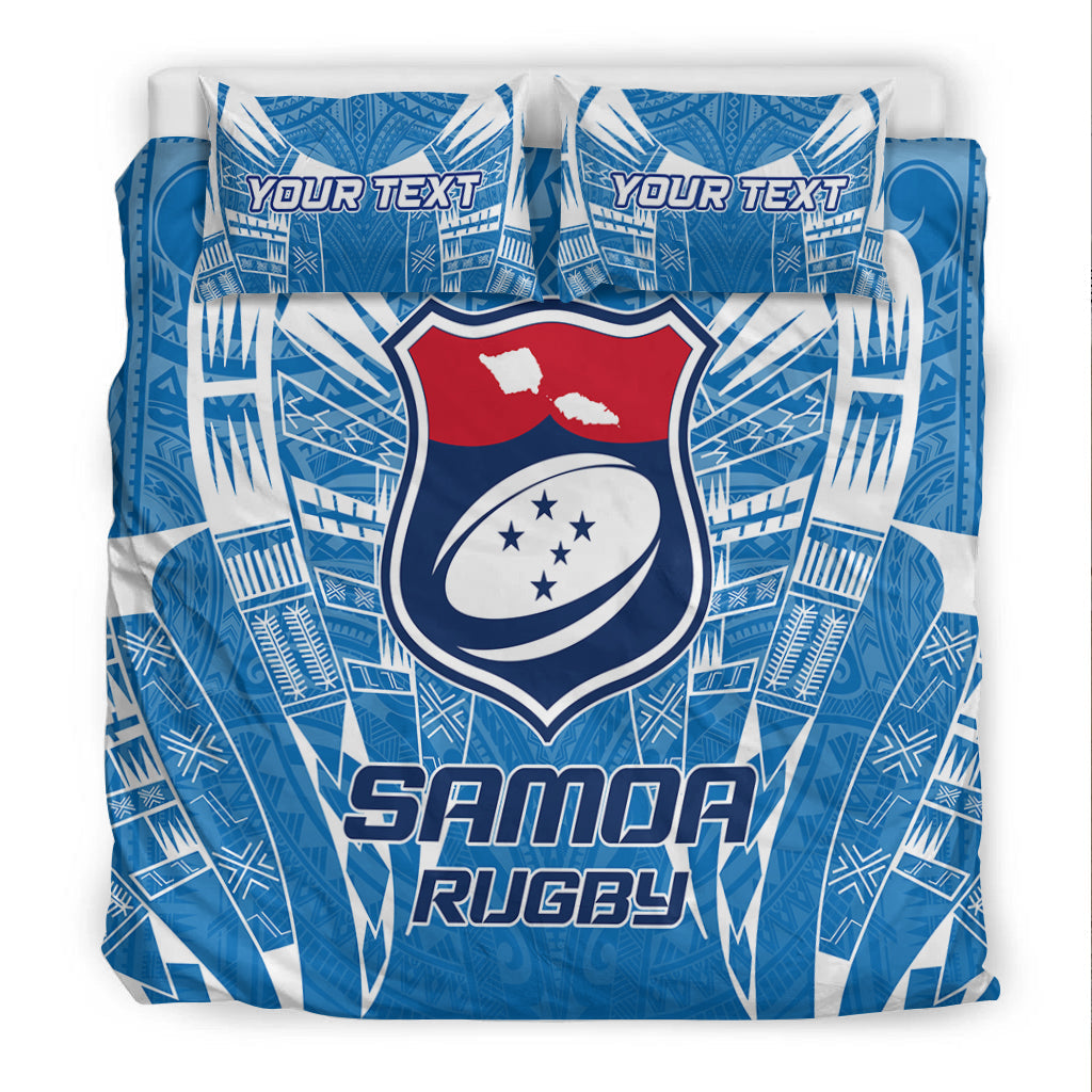 Blue Samoa rugby bedding set with centered shield crest and 'SAMOA RUGBY' text, two pillows