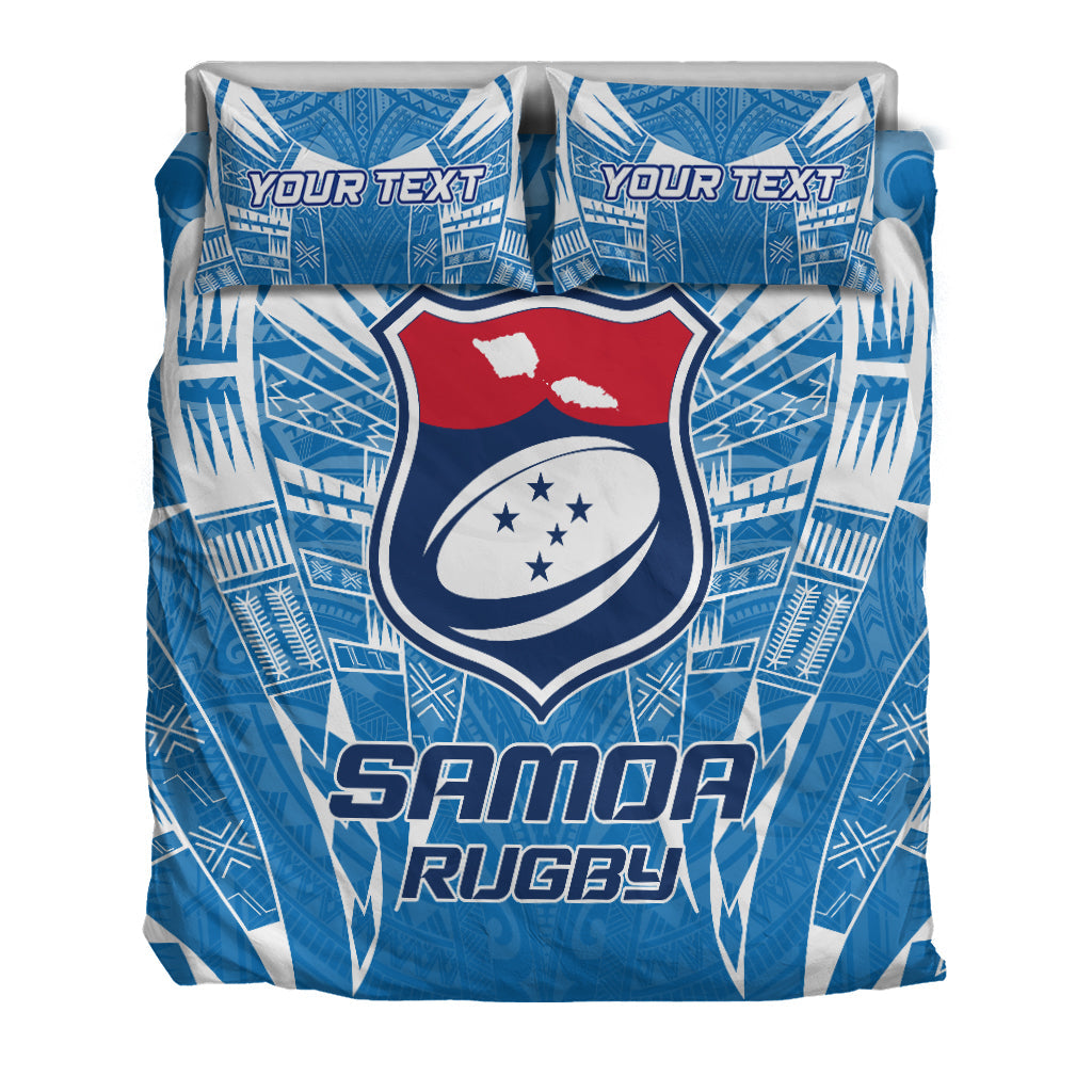 Blue bedding set: duvet and two pillows with Samoa rugby crest and 'YOUR TEXT' on pillow