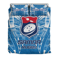 Blue bedding set: duvet and two pillows with Samoa rugby crest and 'YOUR TEXT' on pillow