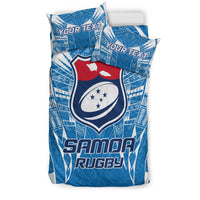Blue duvet cover with Samoa rugby crest and 'SAMOA RUGBY' lettering, with two pillows