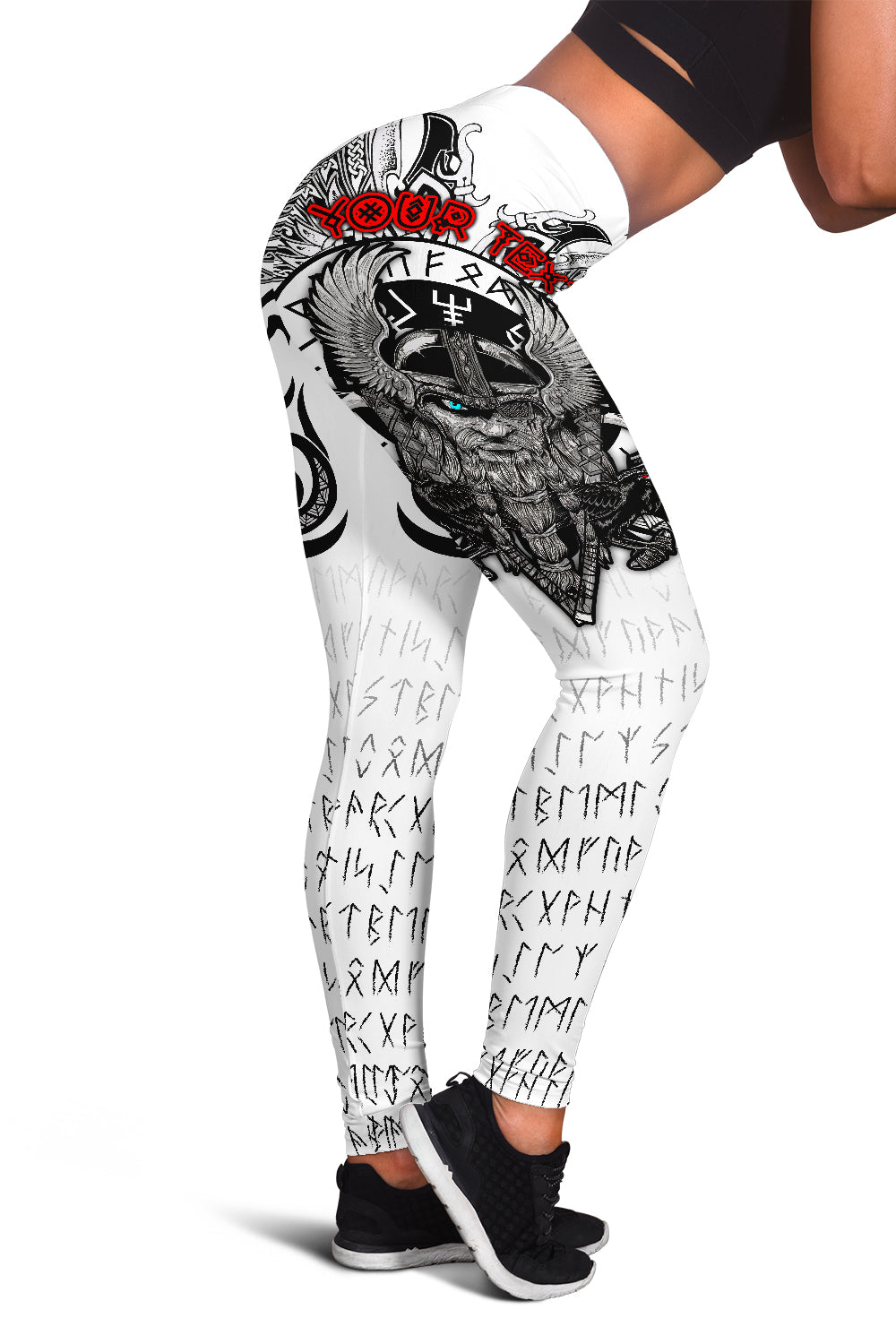 White full-length leggings with black raven and Odin graphic, red rune symbol at waist