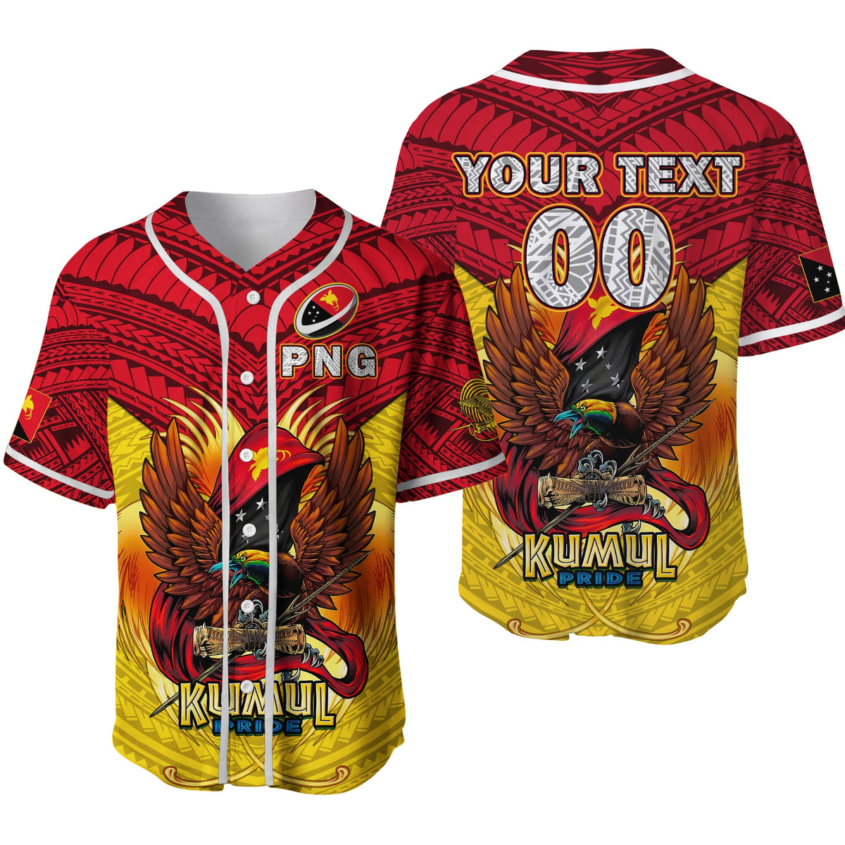 Red and gold Papua New Guinea rugby baseball jersey with Kumul Pride graphic, button front