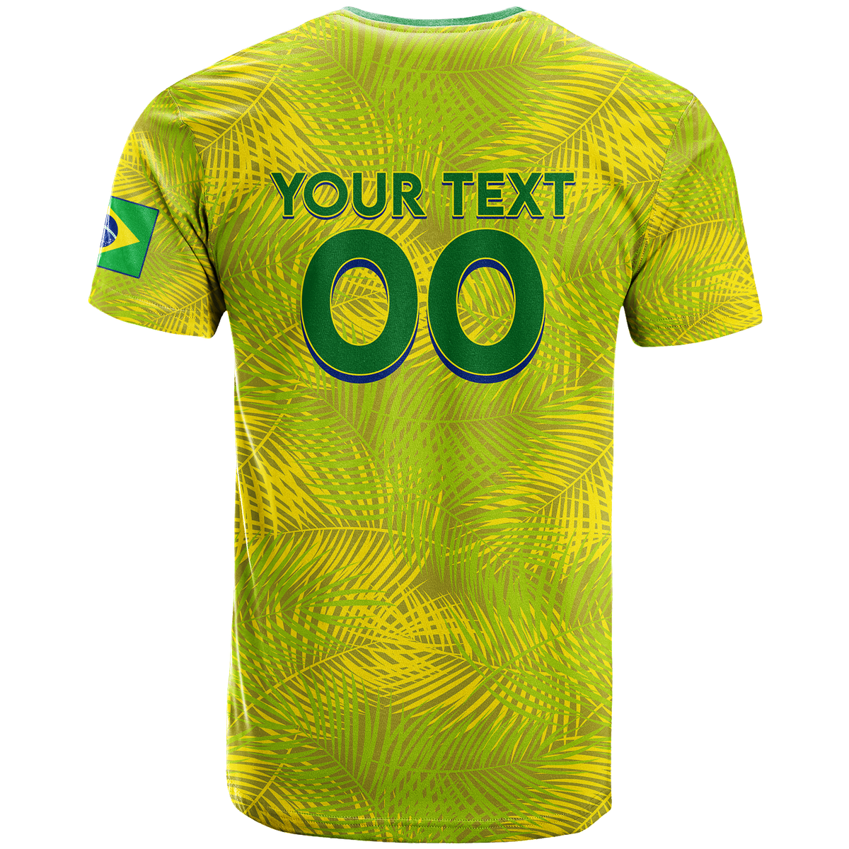 Neon yellow-green football T-shirt with leaf pattern, crew neck, printed 00 and YOUR TEXT